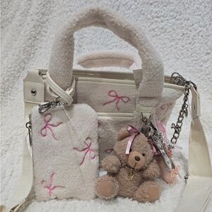 Pink Bow Sherpa Ballerina Teddy Bear Mini Tote Bag 🎀
